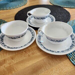 3 Corelle Old Town Blue Hook Handle Cup and Saucer Sets